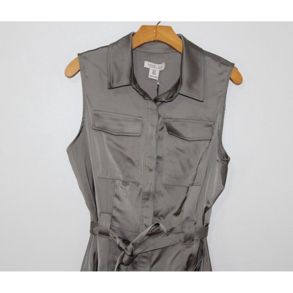Rachel Zoe Satin Grey Green Sleeveless Button Front Belted Romper 10 NWT - Picture 2 of 5